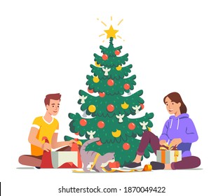 Men and women couple packing Christmas gifts into wrapping paper. People tying ribbon bows on present boxes near decorated fir-tree at home. Xmas, New Year Day. Flat style vector illustration