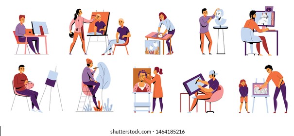 Men and women with creative professions at work flat icons set isolated on white background vector illustration