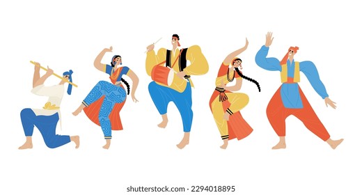 Men and women dance and play musical instruments. People in traditional Indian clothes. Collection of vector illustrations in flat style