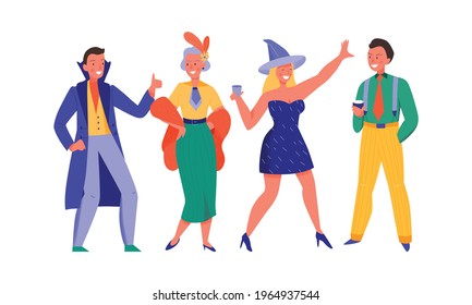 Men and women dancing at costume party flat vector illustration