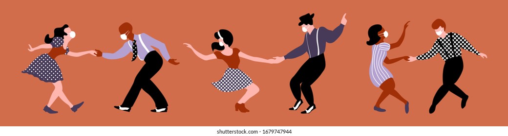 Men and women dancing lindy hop with medical masks on their faces. Three couples silhouettes. Quarantine party. Vector illustration.