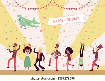 Men and women dancing, a marching band of musicians playing instruments, people celebrating. Airplane in the sky holding a banner Happy Holidays. Flat vector illustration in cartoon style.