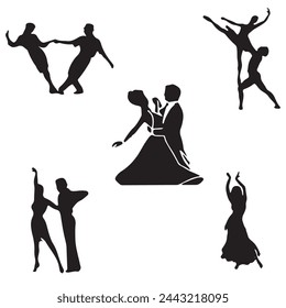 Hombres y mujeres bailando bailes de salón emparejados. Vector silueta de personas EPS 10