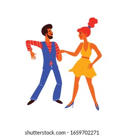 Men and women dancing salsa, samba, rumba, latin dance. Male and female dance at school. Characters having fun at party. Flat colorful vector illustration.