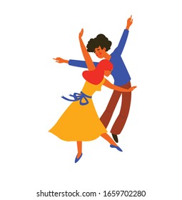 Men and women dancing salsa, samba, rumba, latin dance. Male and female dance at school. Characters having fun at party. Flat colorful vector illustration.