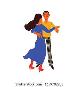 Men and women dancing salsa, samba, rumba, latin dance. Male and female dance at school. Characters having fun at party. Flat colorful vector illustration.