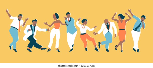 Men and women dancing swing or lindy hop in various poses. Vector illustration in handdrawn style.