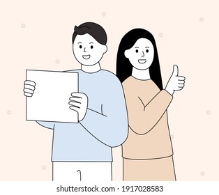 Men and women delivering pleasant announcements illustration set. good, top, doodle, board. Vector drawing. Hand drawn style.