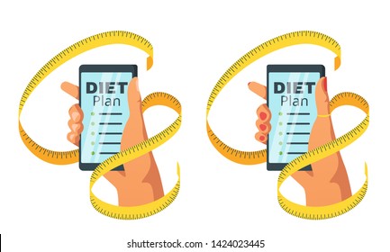 Men and women diet plan vector illustrations set. Weight loss meals recipes, planner app web banner template. Healthy eating, lifestyle. Slimming, calories counting. Hand holding smartphone