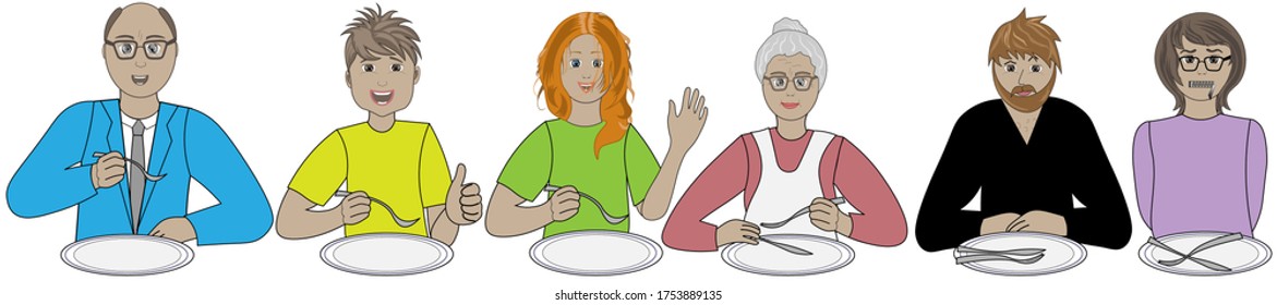 Men and women of different ages are eating. They show different emotions.  - Shutterstock ID 1753889135