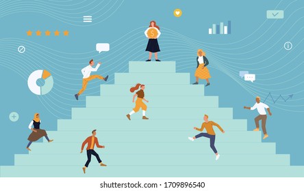 Men, women of different ages, nations striving for goal, money prize at top of stairs. Contest for influence, best rating, business competition, rivalry, careerism, one-upper vector flat illustration