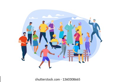 Men and Women of Different Ages, Religious and Culture Isolated on White Background. Multiracial and International People Characters Communicating, Using Gadgets. Cartoon Flat Vector Illustration.