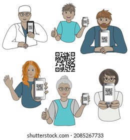 Men and women of different ages with their smartphones and tablets. They show QR-codes about covid vaccination. 