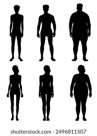 Men and women with different body types, skinny, average, overweight silhouette