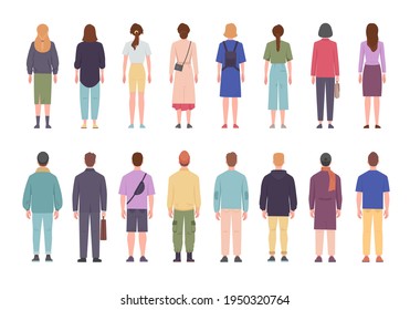 Men and women in different clothes standing with their backs set. Coming to work with briefcases and bags girls and guys in casual suits stand with back view stylish hairstyles. Cartoon vector.