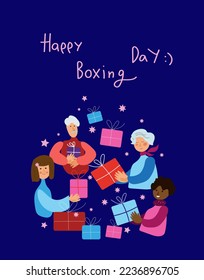 Men and women of different genders and ages give each other gifts, Xmas eve. Boxing day. New year celebration, concept banner, poster modern flat vector illustration