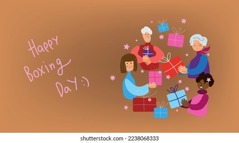 Men and women of different genders and ages give each other gifts, Xmas eve. Boxing day. New year celebration, concept banner, poster modern flat vector illustration