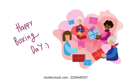 Men and women of different genders and ages give each other gifts, Xmas eve. Boxing day. New year celebration, concept banner, poster modern flat vector illustration