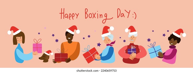 Men and women of different genders and ages give each other gifts, Xmas eve. Boxing day. New year celebration, concept banner, poster modern flat vector illustration
