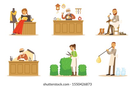 Men And Women In Different Handicraft Professions Vector Illustration Set Isolated On White Background