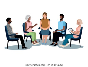 Men and women of different nationalities and ages sit in group therapy with a psychologist. Vector illustration in flat style on a white background.