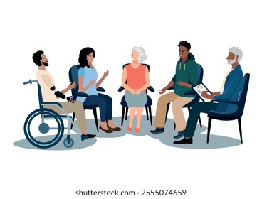 Men and women of different nationalities and ages sit in group therapy with a psychologist. Vector illustration in flat style on a white background.