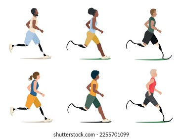 Men and women of different nationalities with prosthetic legs run together. Limb prosthetics and rehabilitation. Thank you doctors and nurses. Vector set.