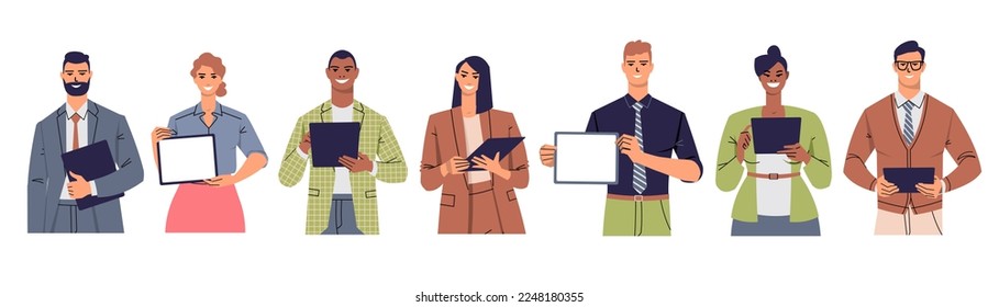 Men and women of different races use a computer tablet. Business people work, hold a tablet in their hands, show a blank screen, speak. Flat style. Vector isolated.