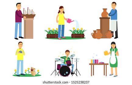 Men and women for different types of hobbies. Vector illustration.