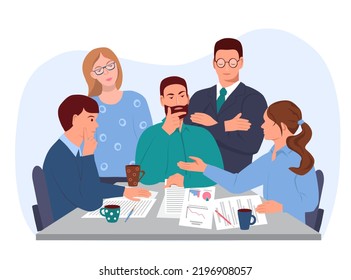 Hombres y mujeres discuten sobre cuestiones empresariales en la mesa. Hay documentos sobre la mesa. Los colegas resuelven problemas laborales. Trabajo en equipo. Ilustración vectorial, estilo plano