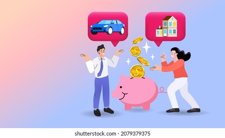 Men And Women Discuss How To Manage Finances. Use Saving Money For Different Purpose. Your Money Choice To Buy Your Dream. Bank Will Save You Deposits, House, Car From Crisis. Vector Illustration