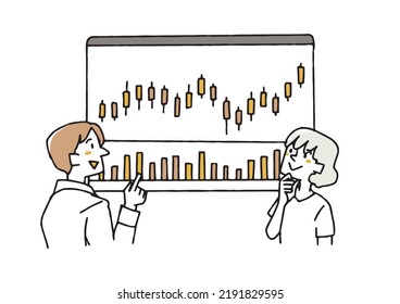 Men and women discussing while looking at stock charts People analyzing candlestick charts