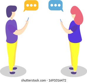 Men and women do social distancing while chatting using mobile phones, Can be used for many purpose.