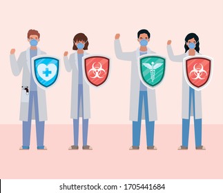 men and women doctors heroes with shields against 2019 ncov virus design of Covid 19 cov infection disease symptoms and medical theme Vector illustration