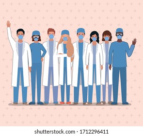 Men and women doctors with masks against 2019 ncov virus design of Covid 19 cov infection disease symptoms and medical theme Vector illustration