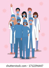 Men and women doctors with masks against 2019 ncov virus design of Covid 19 cov infection disease symptoms and medical theme Vector illustration