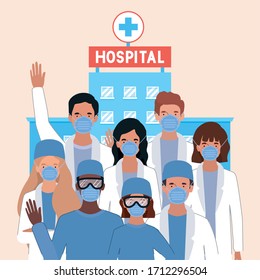 Men and women doctors with masks against 2019 ncov virus design of Covid 19 cov infection disease symptoms and medical theme Vector illustration