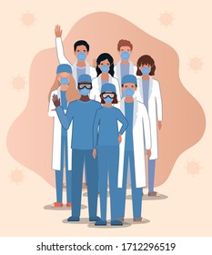 Men and women doctors with masks against 2019 ncov virus design of Covid 19 cov infection disease symptoms and medical theme Vector illustration