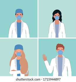Men and women doctors with masks against 2019 ncov virus design of Covid 19 cov infection disease symptoms and medical theme Vector illustration