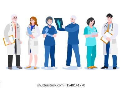 Men and women doctors, surgeon and nurse isolated on white background. Vector flat cartoon illustration. Medical team people characters set. Hospital professional staff in uniform.