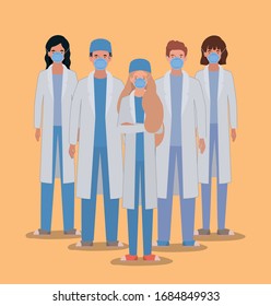 Men and women doctors with uniforms masks and glasses design of Medical care health emergency aid exam clinic and patient theme Vector illustration