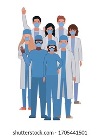 Men and women doctors with uniforms and masks design of Medical care health emergency aid exam clinic and patient theme Vector illustration