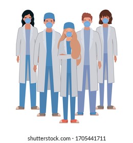 Men and women doctors with uniforms and masks design of Medical care health emergency aid exam clinic and patient theme Vector illustration