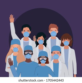 Men and women doctors with uniforms masks and glasses design of Medical care health emergency aid exam clinic and patient theme Vector illustration
