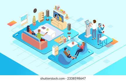 Men and women doing digital life activities at home looking at tv, smartphone and vr simple isometric platform