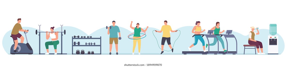 Men and women doing exercises in gym, lifting dumbbells, running on a treadmill, ride exercise bike. Athletic people engage in physical activities by doing various exercises.