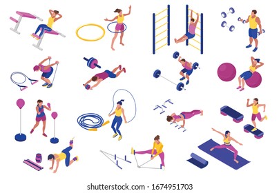 Men And Women Doing Fitness With Barbells Boxing Pear Hoop Dumbbells At Home Isometric Icons Set 3d Isolated Vector Illustration