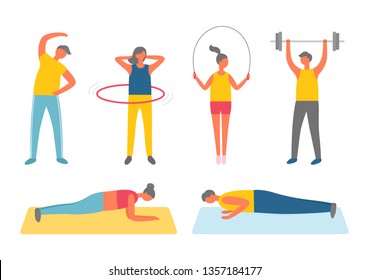 Men and women doing fitness training and sport vector. Bending over and rotating hula hup, jumping rope and weight, standing in plank and push-ups