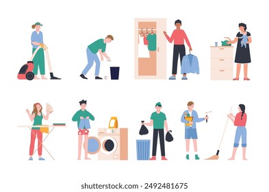 Men women doing housework. Household characters, young people clean floor vacuuming, collect garbage, sweep and cook, splendid vector scenes