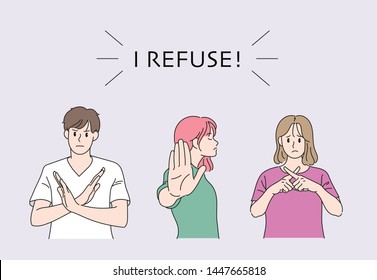Men and women doing a negative gesture. hand drawn style vector design illustrations. 